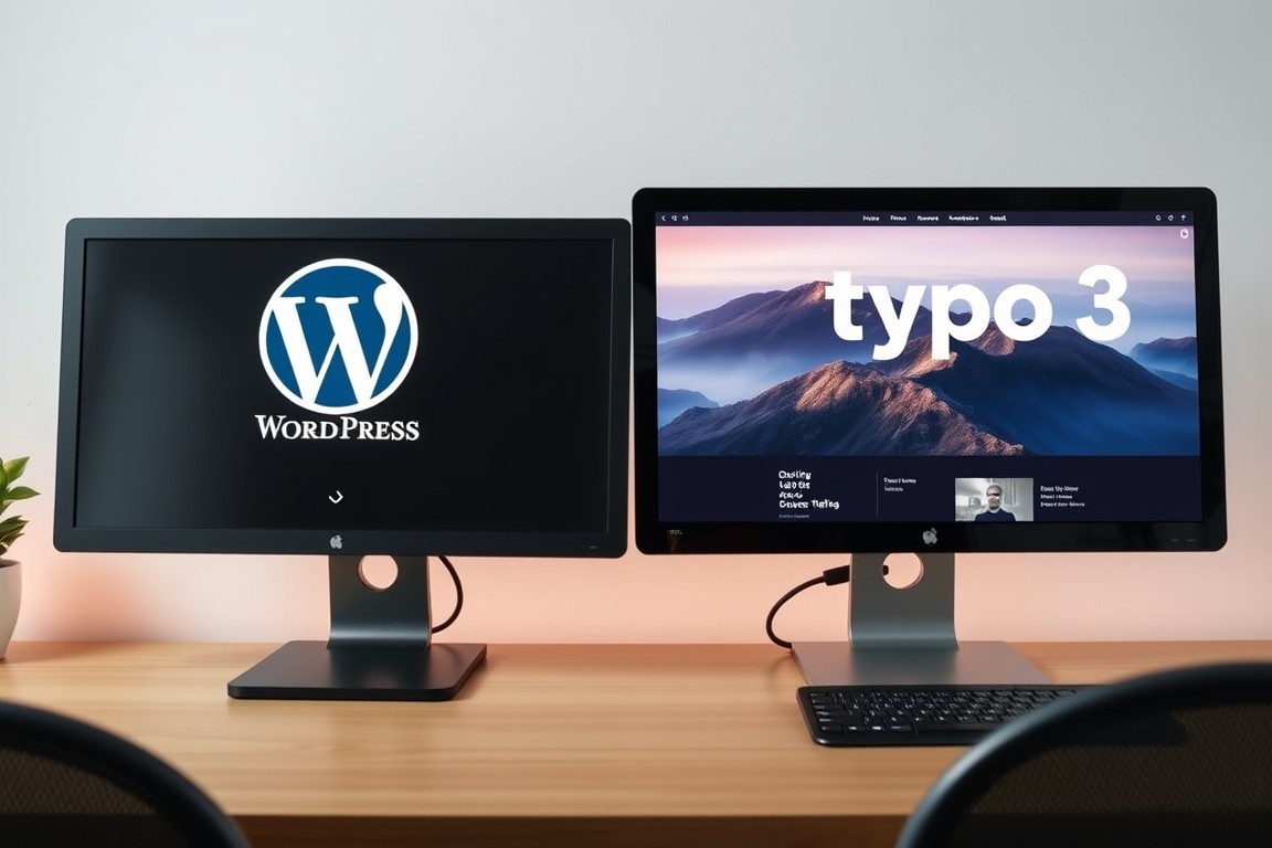 Zwei Computermonitore mit WordPress und Typo3 Logo
