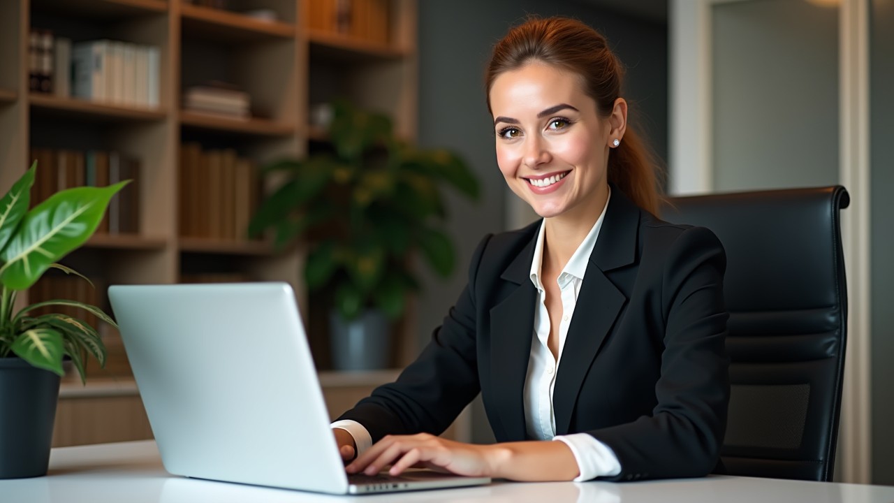Hübsche Frau mit weißen Zähnen am Laptop