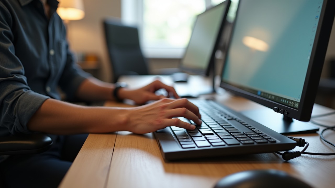 Person arbeitet an einem Computer mit moderner Tastatur und Bildschirm in einem barrierefreien Arbeitsplatz.